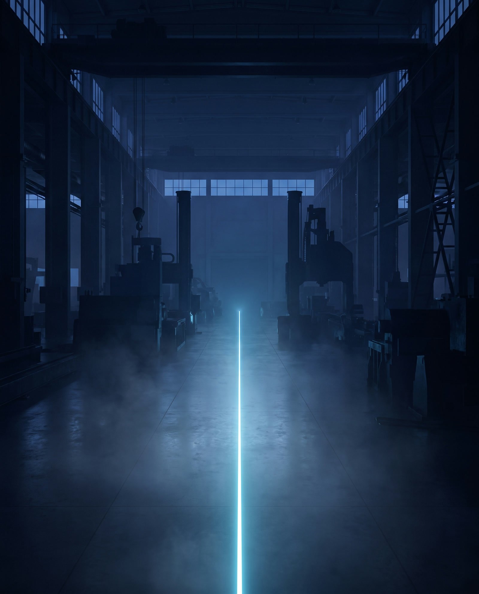 A straight thread of cyan light running through a dark industrial hall